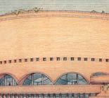 A colored sketch of the side view of Monona Terrace building in light orange colored walls and blue windows