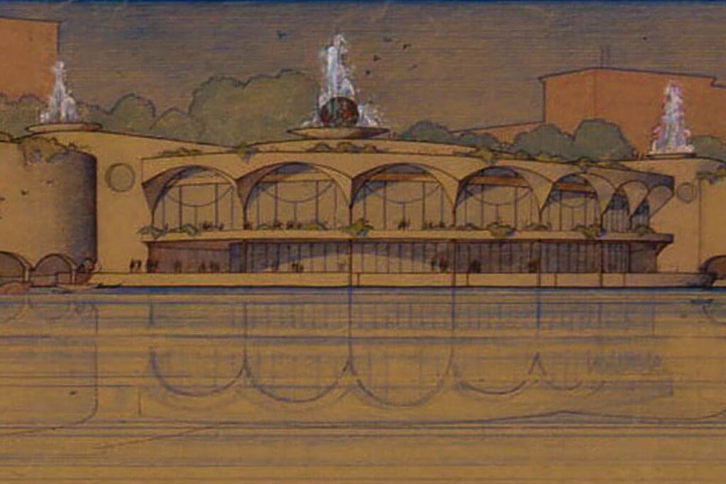 An old drawing of Monona Terrace by Frank Lloyd Wright