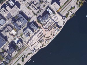 A satellite view of Monona Terrace