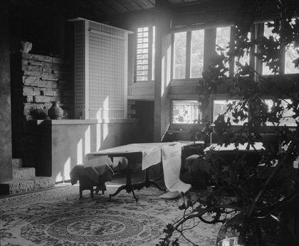 A black-and-white photograph by Guerrero of Wright's study room with a desk, a rug, and a plant, light coming in through the windows.