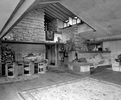 A black-and-white photograph by Guerrero of a room of a house.