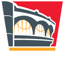 Monona Terrace Logo, an illustration of Monona Terrace building with grey columns, yellow windows on a red background