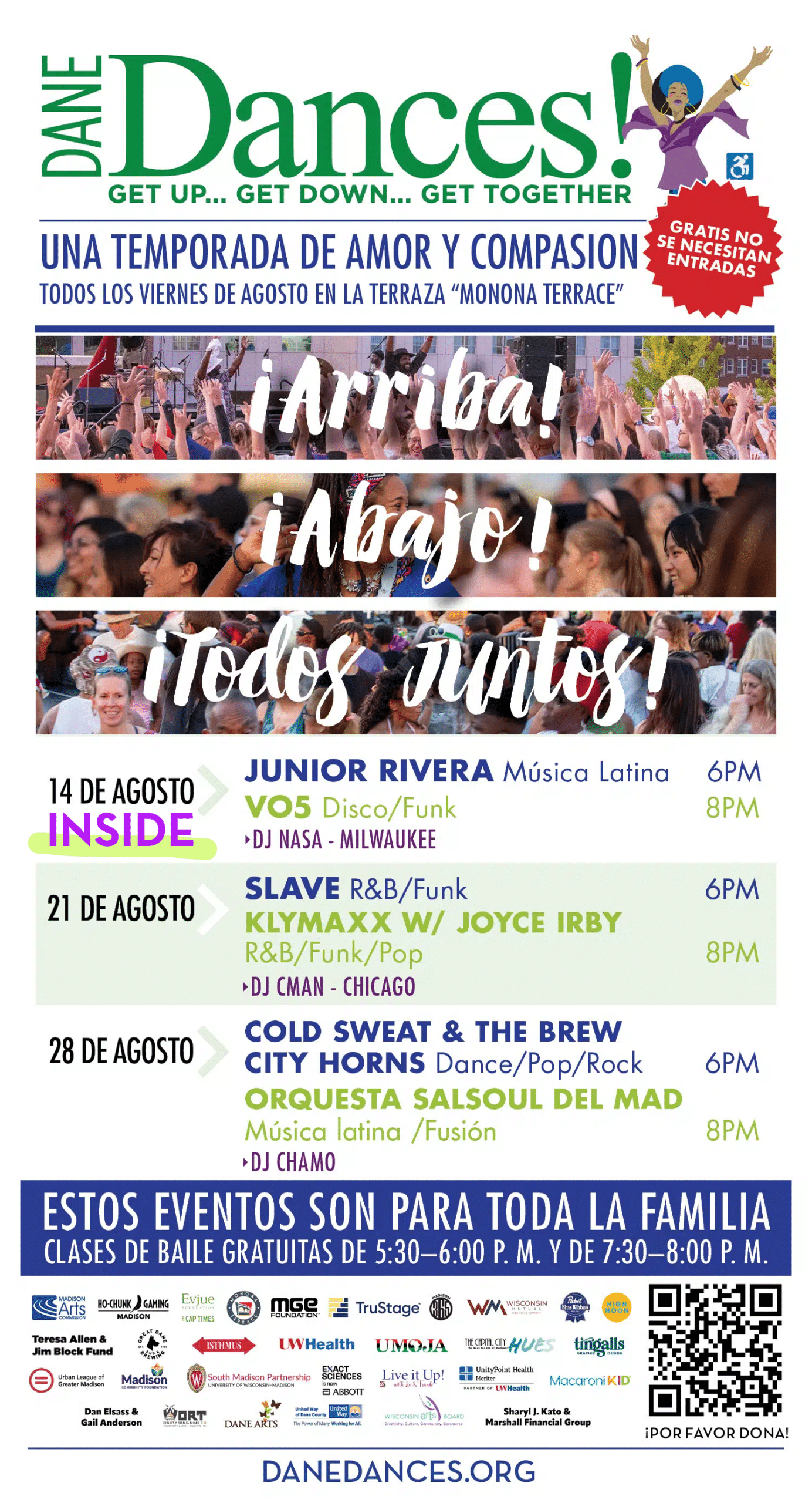 Dane Dances season schedule. August 14 event moved inside.