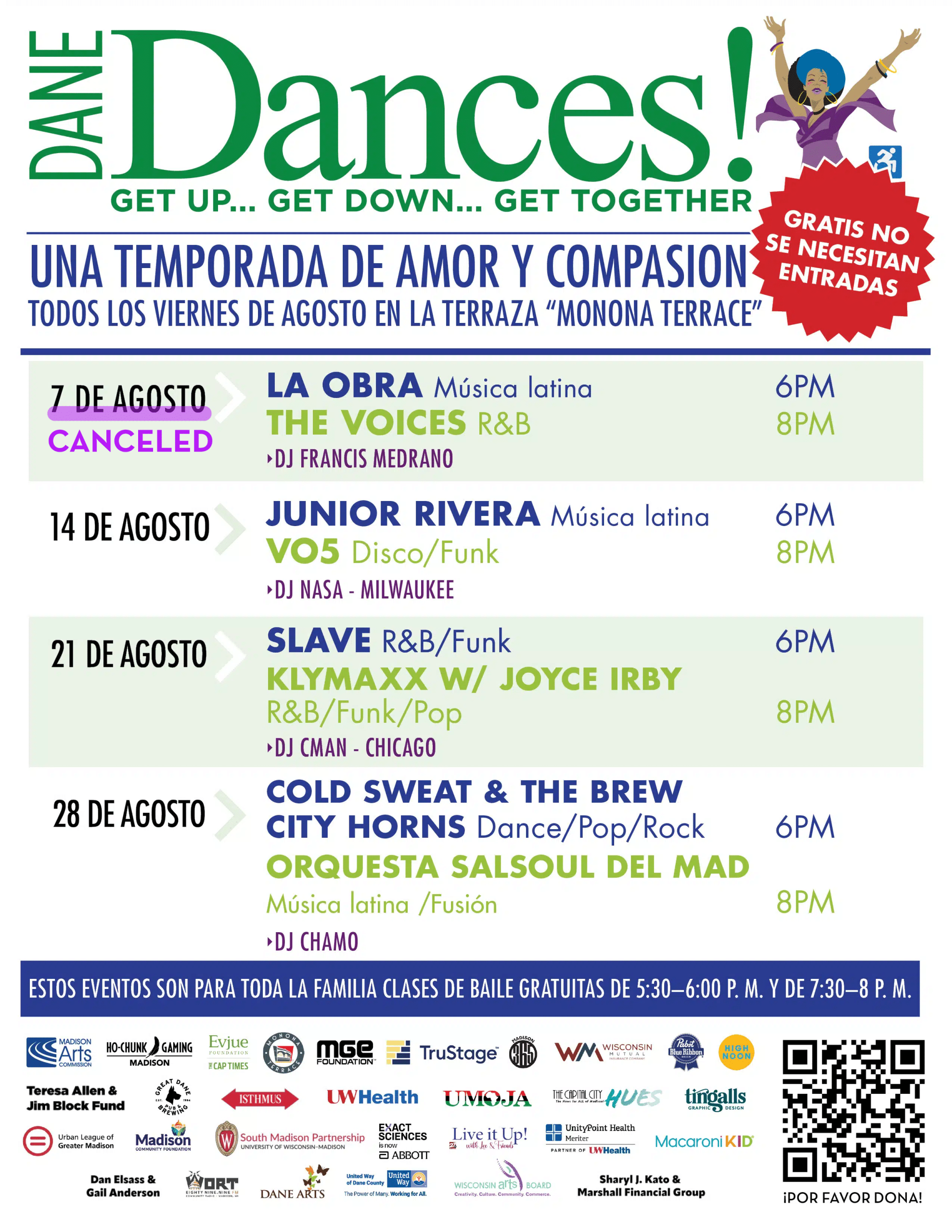 Dane Dances 2026 season Spanish language flyer, August. 7 canceled.