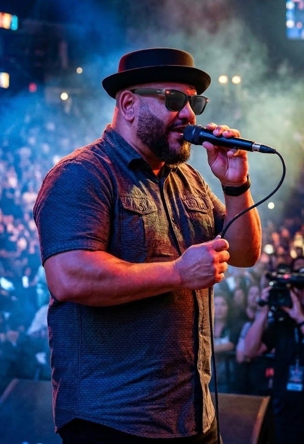 Junior singing in front of a large concert crowd on a microphone. A dark blue and black background with lights and steam.