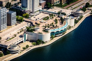 Aerial view of Madison with Lake Monona, city buildings and Monona Terrace standing out on the lakeshore