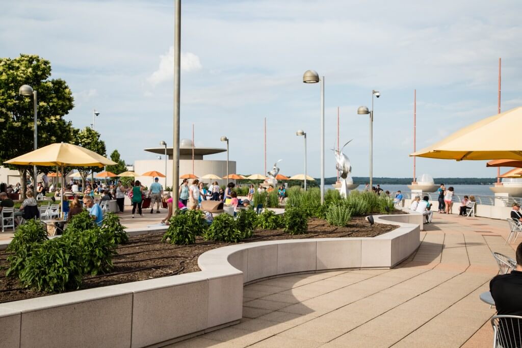 A picture of an exhibit at the Rooftop with lake view in the background