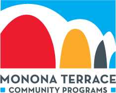 Illustration of Monona Terrace logo in red, yellow and grey on a blue background, and