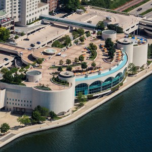 Aerial view of Monona Terrace standing out on the lakeshore