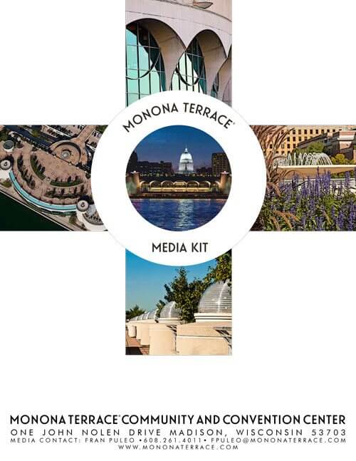The cover of Monona Terrace Media Kit with four thumbnail images of the building.