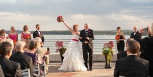 Just married couple celebrating at a wedding venue