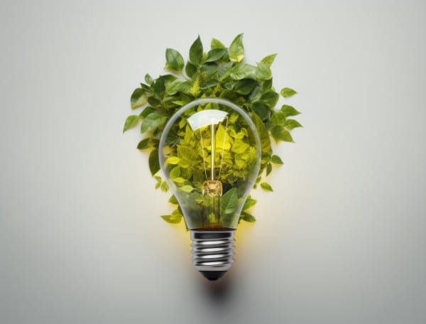 Lightbulb with fresh green leaves - concept of green eco friendly renewable energy and sustainable living. Generative, generative ai, ai.