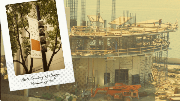 Composite image shows construction of the Monona Terrace helix structure with scaffolding. Overlaid is a photo of a street sign for Frank Lloyd Wright in Madison.