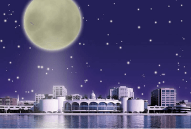 Illustration of Monona Terrace at night with stars