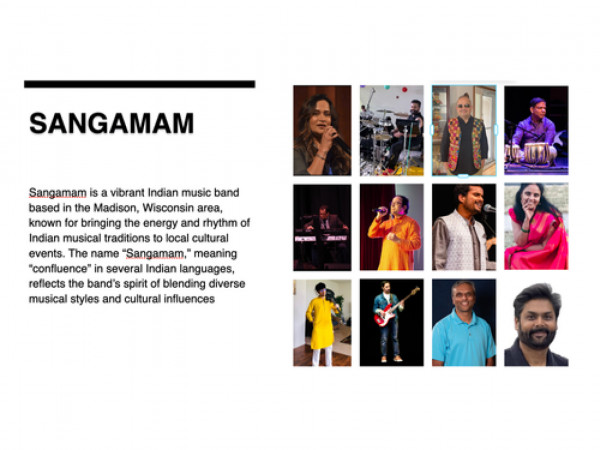 Collage showcasing 'Sangamam,' an Indian music band from Madison, Wisconsin. Includes images of diverse band members performing and socializing.
