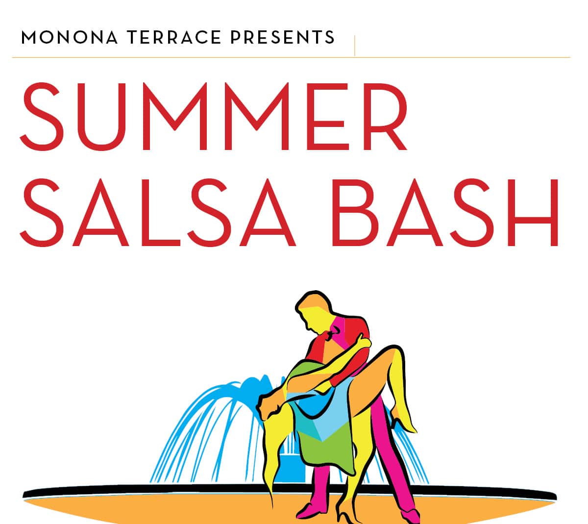 Brightly colored couple salsa dances in front of the iconic Monona Terrace Fountain.